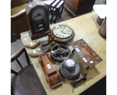 A small quantity of Treen, to include a Mantel Clock, a circular Wall Clock, a pair of Shoe Forms, a model of a Car, etc, som