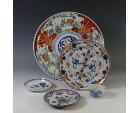 An antique Chinese export Plate, decorated in the imari palette, restored, diameter 21.5cm, together with a large Japanese im