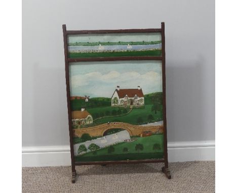 W. J. Binding of Watchet, Somerset (1880-1968), a naive school folk art painted firescreen, circa 1930's, depicting houses by