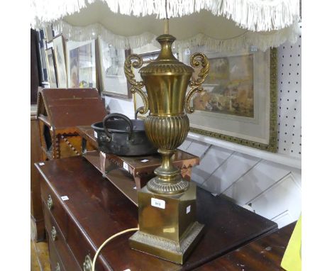 A vintage brass Grecian urn shaped Lamp Base, on stepped plinth base, H 64cm, together with a cast iron two handled Cooking P