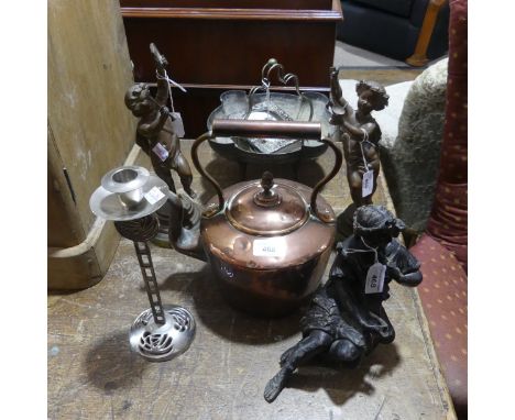 A small quantity of Metalwares, to include a pair of spelter Figural Groups, a cast metal Figure of Diana the Huntress, a Cha