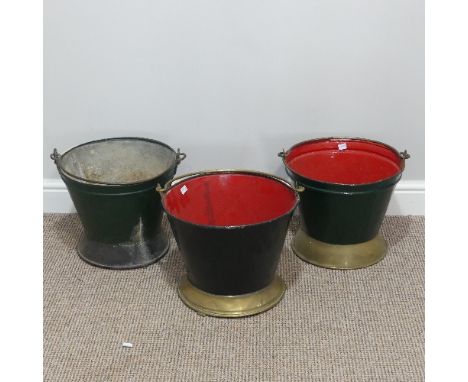 Three vintage Dutch painted metal and brass Buckets, two painted in red and green, one painted in black, each with carrying h