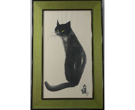 A print of a cat by Da Wei Kwo, circa 1967, in original frame green silk-covered frame, together with three Malaysian temple 