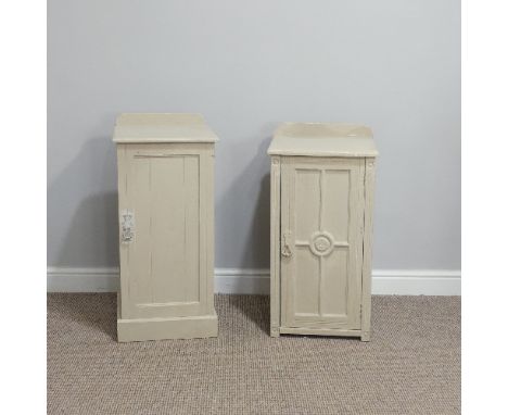 A painted Bedside Pot Cupboard, the door opening to reveal a singular shelf, W 38cm x D 34cm x H 81cm, together with another 