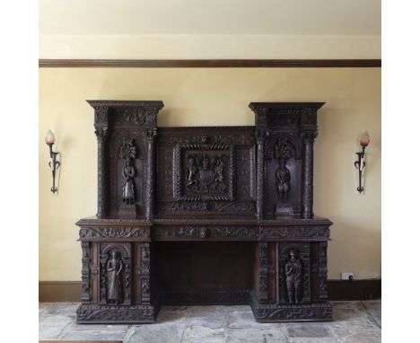 A late 16thC to early 17thC, and later, heavily carved oak large inverted breakfront pedestal Sideboard,&nbsp;the upper part 