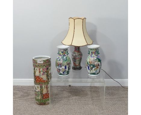 A 20thC Chinese porcelain famille rose Stick Stand, of cylindrical form, with figural panels and floral decoration, with apoc