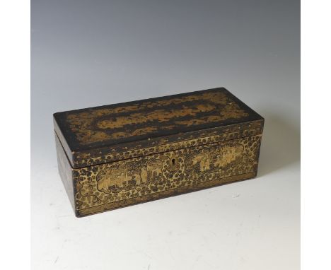 An antique Oriental lacquer chinoiserie Glove Box, decorated to lid with gilt dragon border with central panel of depicting t