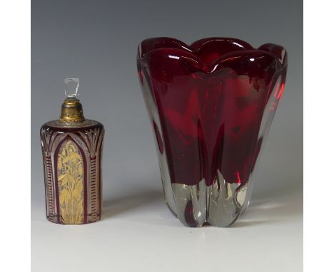 Geoffrey Baxter for Whitefriars lobed vase, ruby red ground, unmarked, H 18cm, together with an early&nbsp;20thC engraved rub