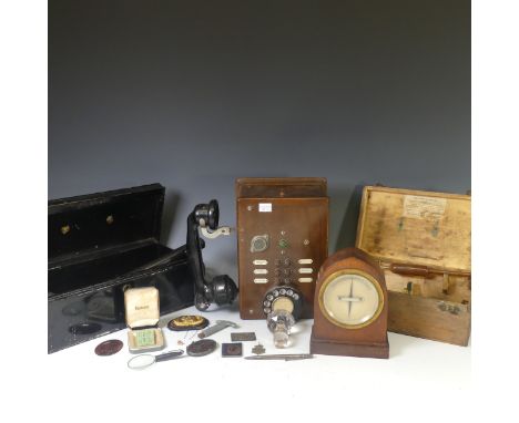 A vintage 20thC French wooden wall mounted Telephone, switchboard name plates for 'Monsieur Le Duc', 'Madame La Duchesse' and