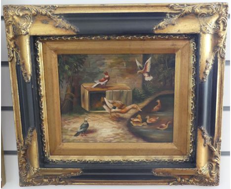 After Eugène Rémy Maes&nbsp;(Belgian, b.1849), Birds and ducks by a farmyard pond, oil on board, bears a signature "E. R. Mae