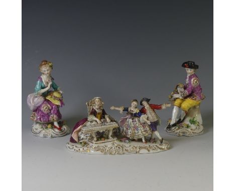 A pair of Sampson porcelain Figures, depicted perched upon tree stumps, raised on gilded plinth bases, with Samson Chelsea-st