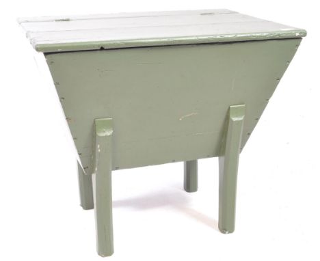 19th century French painted elm wood dough / kneading bin trough. Rectangular tapering form with upright stick supported pain