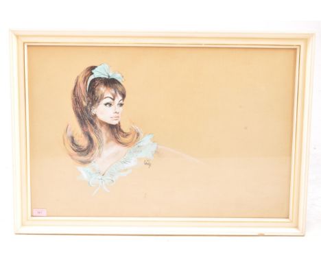 A 20th-century mixed media portrait on paper study of a 1960s lady wearing a light blue top and hair bow. Signed to the portr