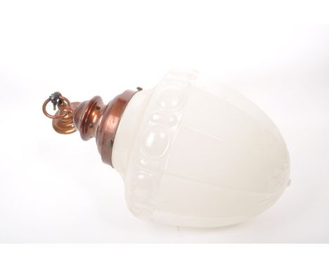 Early Art Nouveau 20th century large milk glass drop chanderlier light shade. Gilt metal rosewith large milk glass shade of t