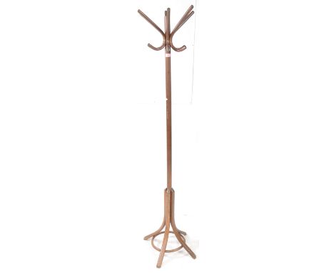 A vintage mid century Thonet style bentwood floor standing coat / hat rack. Having swan neck hooks, with central column with 