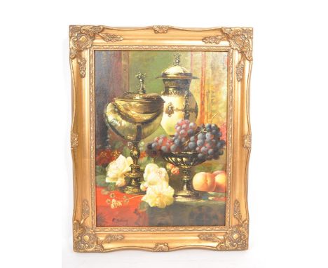 R Bellamy - A late 20th century reproduction still life oil painting, featuring a table of silver ornaments, grapes, peaches 