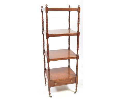 Gillows Manner 19th century Victorian whatnot etagere. Square form with four tiers with turned supports and finial to top. Si