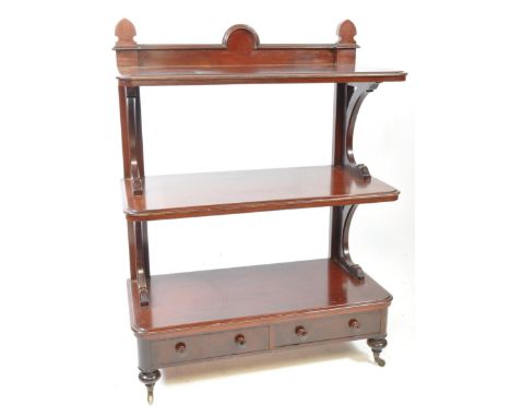 19th century Victorian mahogany buffet three tier etagere. Having a shaped gallery back with three rectangular tiers, all sup
