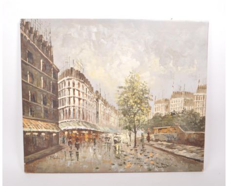A vintage 20th-century oil on canvas street painting in the impressionist style with an impasto technique of applied paint. T