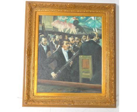 This is a vintage 20th-century oil on canvas in the manner of Edgar Degas. It depicts the orchestra at the opera with an oboe