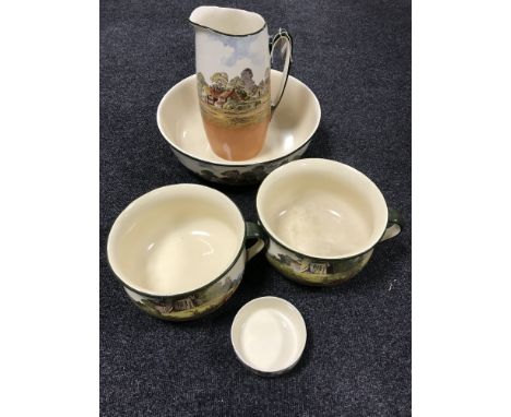 A Royal Doulton jug and wash basin with matching soap dish and two chamber pots, pattern 3434 CONDITION REPORT: Basin with se