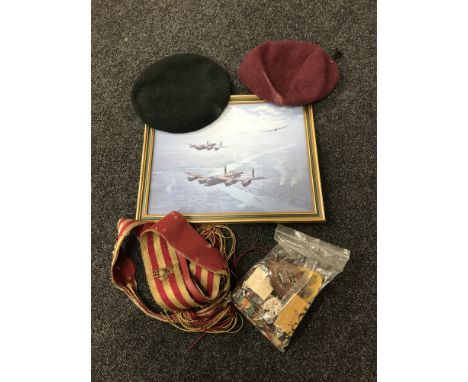 A framed print of military aircraft, a sash bearing military badges, two caps and a quantity of assorted military ribbons and