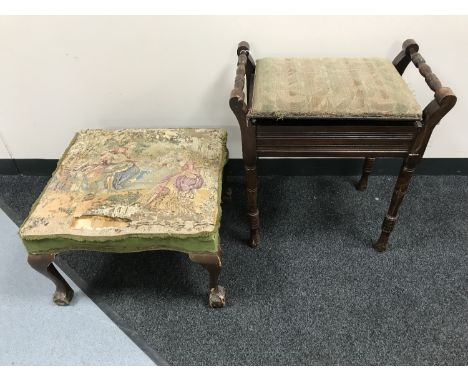 A mahogany storage piano stool together with an early twentieth century tapestry upholstered footstool on claw and ball feet 