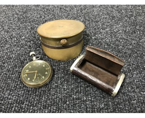 A trench art shell casing in the form of a military cap, an antique snuff box and a military pocket watch 