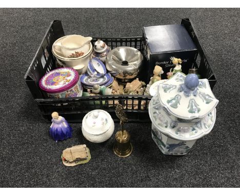 A box containing china figurines, Masons planter, a boxed Border fine arts figure of a setter, Lilliput cottages, tin contain