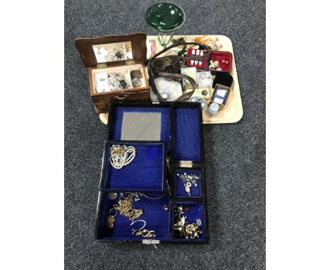 A tray and an inlaid trinket box of costume jewellery and collectables, T. Cooke & Sons Verner's Pattern marching compass, th