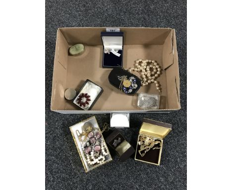 A box of a quantity of costume jewellery, silver and topaz pendant etc