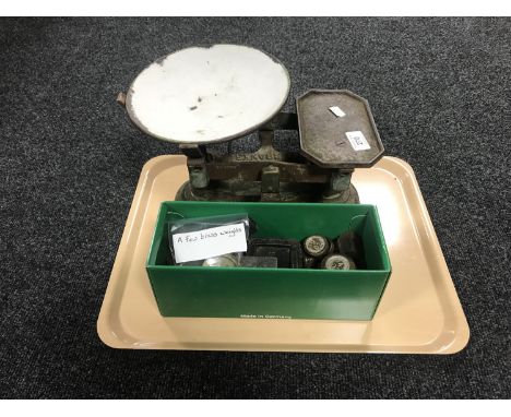 A tray containing a set of Fairbanks vintage kitchen scales, together with a box containing assorted weights