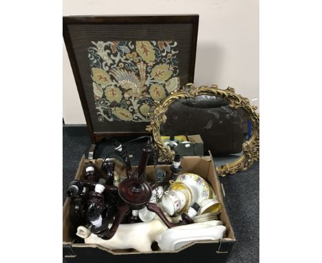 A box containing assorted tea china, wooden chandelier and wall lights, a decorative gilt framed mirror, together with a tape