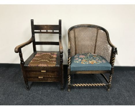 An antique oak framed barley twist and bergere tub chair with a tapestry seat, together with a late Victorian commode chair 