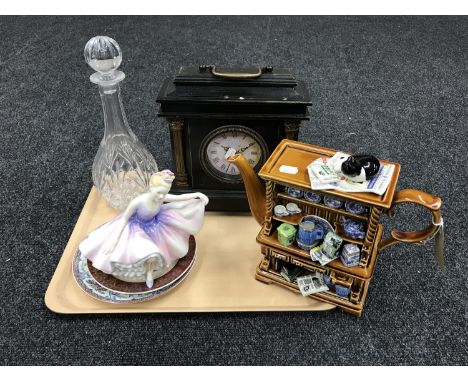 A tray containing a Ringtons's celebration tea pot, Royal Doulton figurine ' Dancing Years' HN2235, together with two wall pl