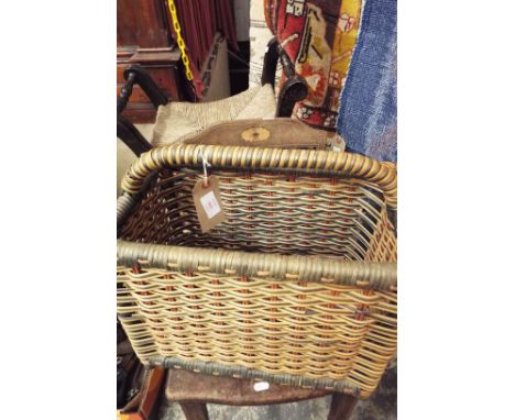 A rush upholstered footstool, small wooden step ladder, wicker magazine rack and Edwardian inlaid side chair