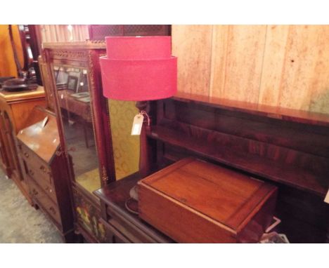 A turned mahogany baluster shaped table lamp together with a mahogany wall mounted medical box