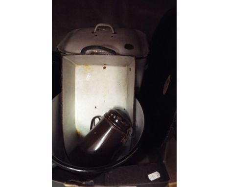 A selection of enamel kitchenalia to include bread bins, tray, skillet, two beech chopping boards etc