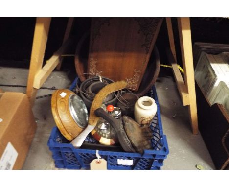 A selection of items to include a cast iron glue pot, oak cased aneroid barometer, advertising stoneware jar, turned wooden f
