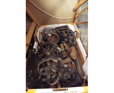 A Stanley No.4, a Woden No.130 and a Rapier plane, a quantity of vintage irons and stands, two cast iron numbered markers (po