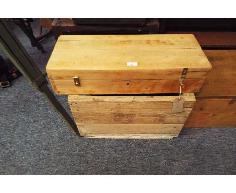 A Victorian painted pine instrument box, a small pine tool box, a pine shipping crate and a mahogany gun box
