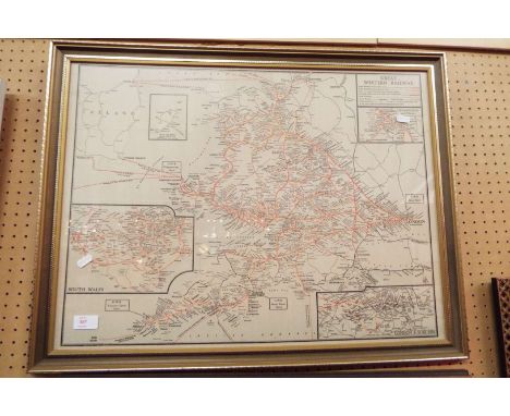 A vintage Great Western Railway map of lines from London, framed