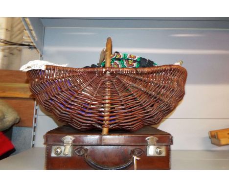 A small early 20thC leather case, a wicker tray, Persian mat and vintage clothes etc