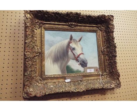 HAROLD WILLIAMS oil on board portrait of the racehorse Grey Sovereign, signed below, name and sire and dam details to plaque,