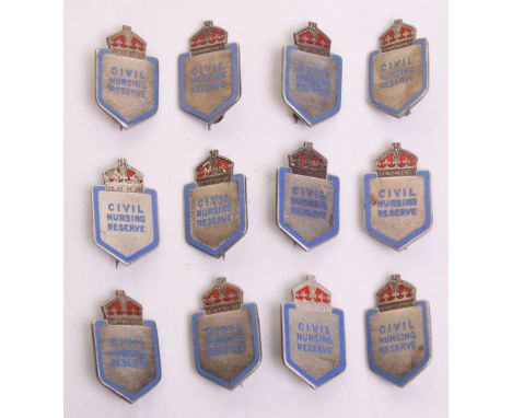 Selection of Civil Nursing Reserve Lapel Badges, in sterling silver and enamel. M&B Birmingham and J R Gaunt London makers ma