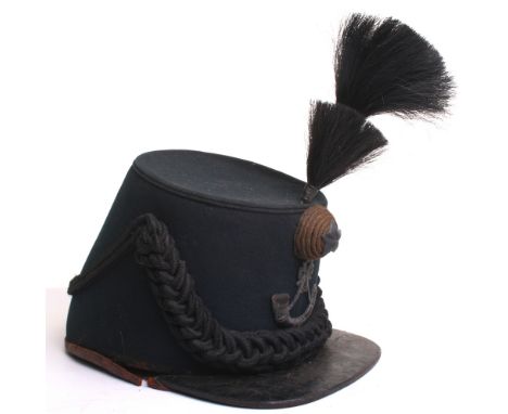 Victorian Cameronians (Scottish Rifles) Dress Shako, of green cloth body with black patent leather peak. Blackened brass stru