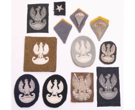 Selection of WW2 Polish Cloth Beret Badges, consisting of original un-issued embroidered paratroopers white on blue /grey bac