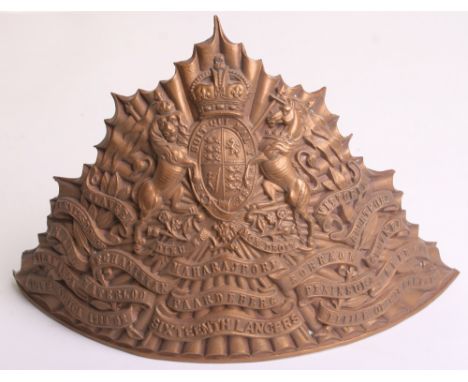 Post 1902 16th (Queens) Lancers Helmet Plate, being an other ranks brass example with Royal Arms, battle honours and regiment