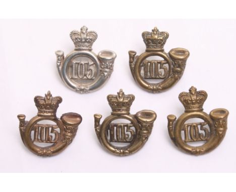 105th Madras Light Infantry Collar Badges, consisting of four early brass examples of crowned bugle with 105 to centre. Scarc