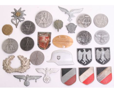 Selection of Third Reich Items consisting of 5x Afrika Korps metal pith helmet decals, Mountain 1942 Police badge and peaked 